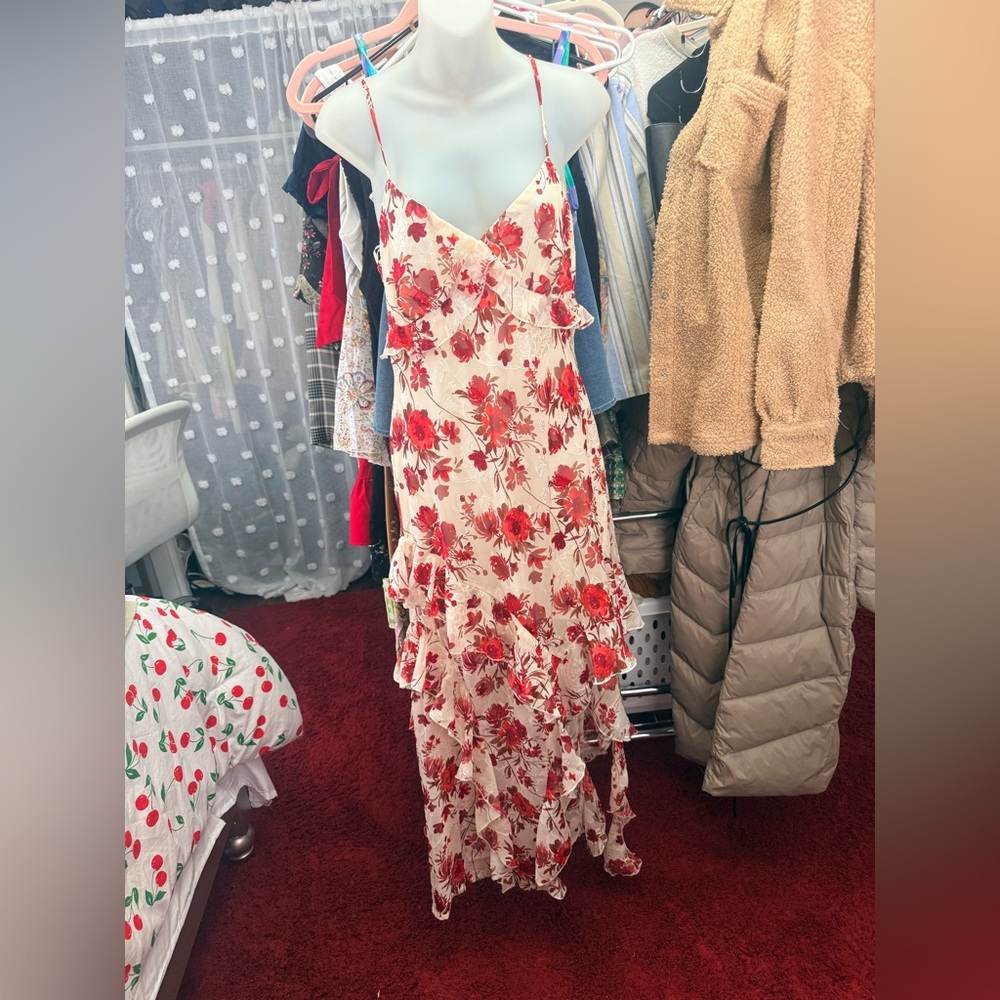 Y2K Floral Red and Cream Maxi Dress